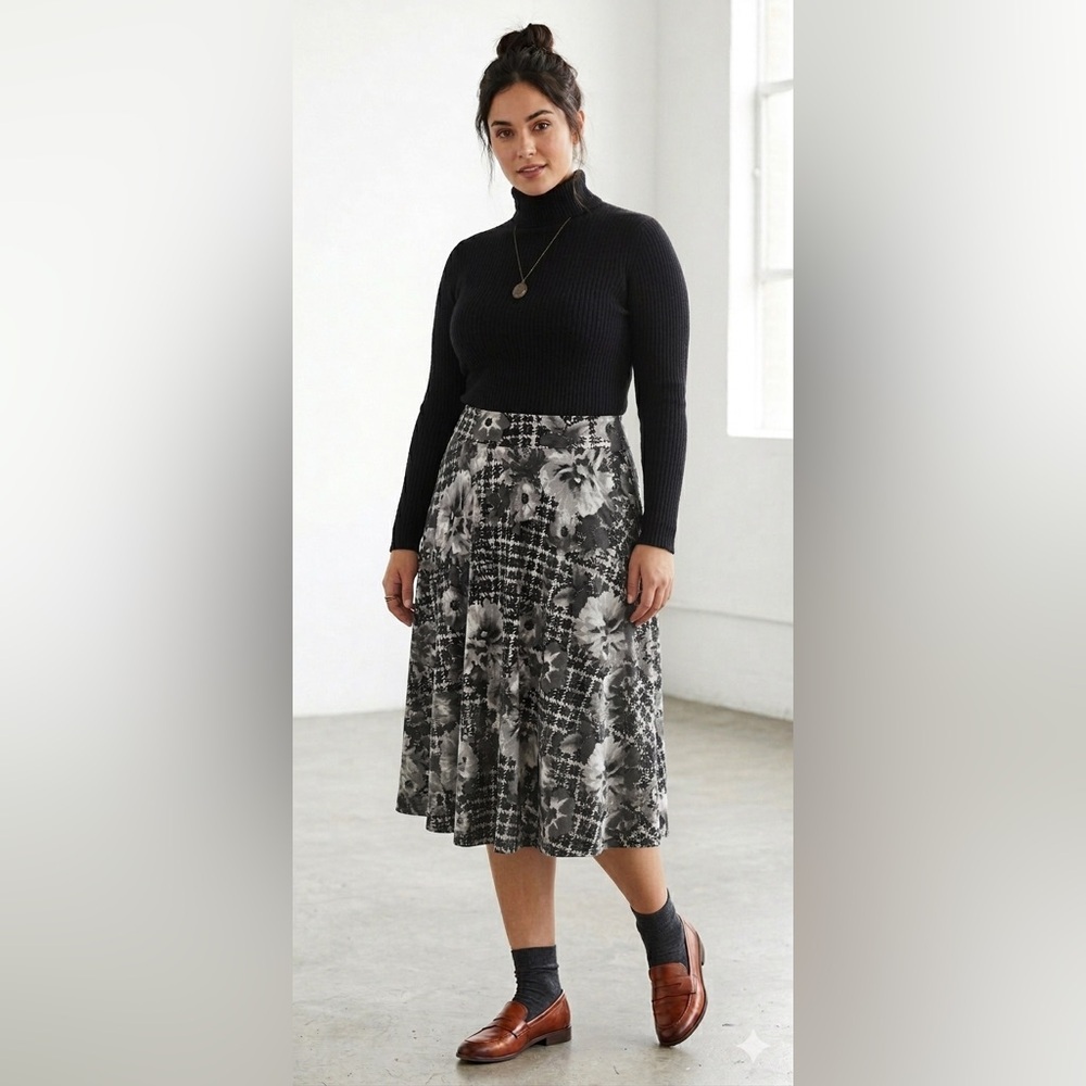 Covington XL Dark Academia Mixed Print Midi Skirt, Floral & Houndstooth